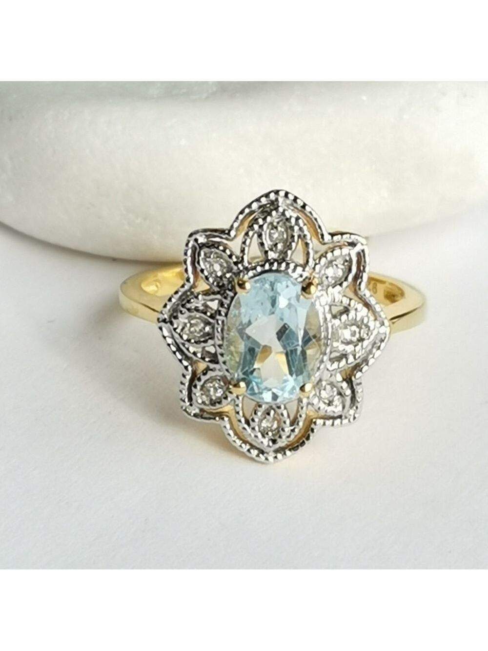 Brazilian Blue Topaz Diamond Ring 14K Gold Sterling Silver Size 7.25 🆕